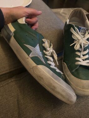 Golden Goose Green with Silver Star Low-Top Sneakers